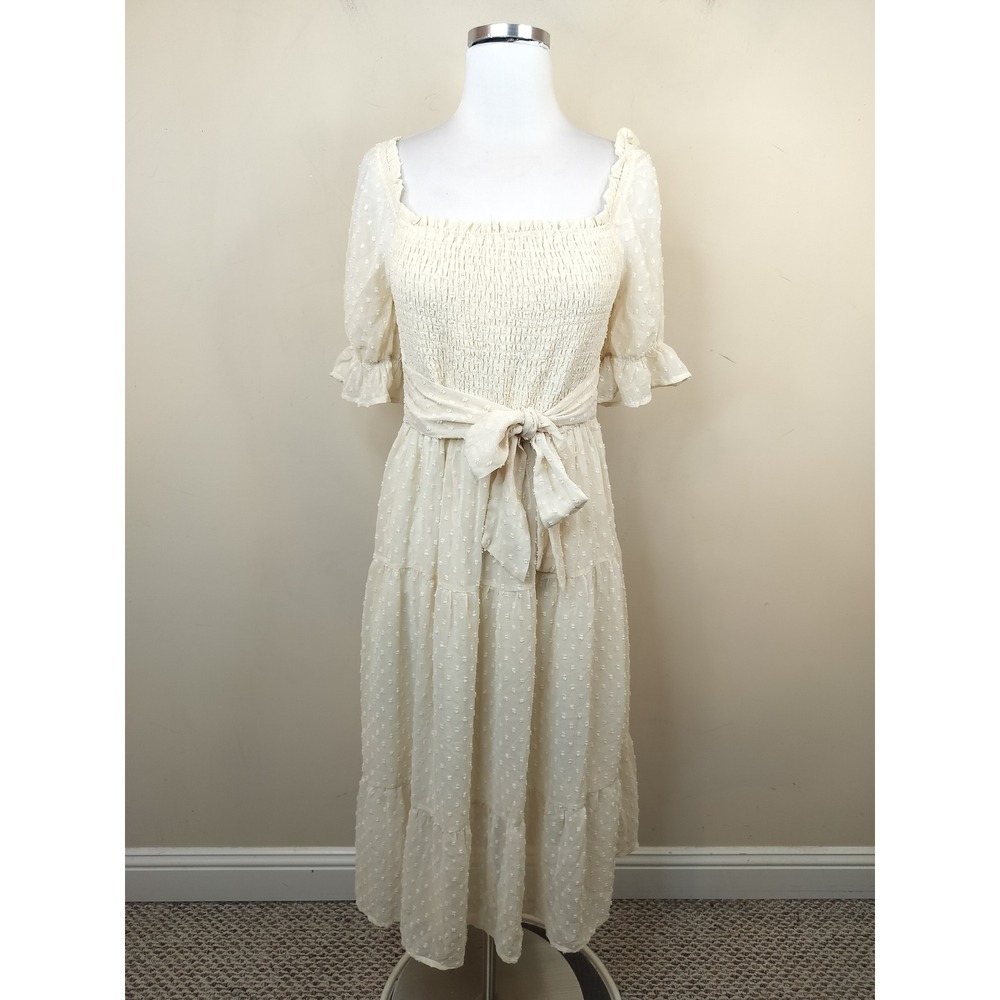Merokeety Cream Swiss Dot Smocked Midi Dress Medium Smocked Boho Cottage NEW